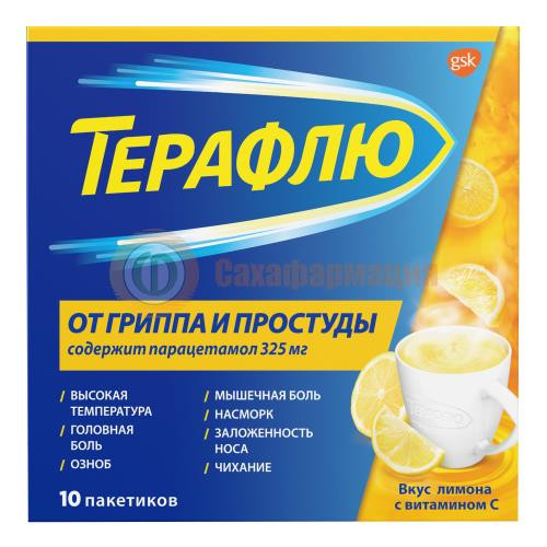 Терафлю от гриппа и простуды порошок для приготовления раствора для приема внутрь 22,1г №10 лимон Терафлю от гриппа и простуды порошок для приготовления раствора для приема внутрь 22,1г №10 лимон