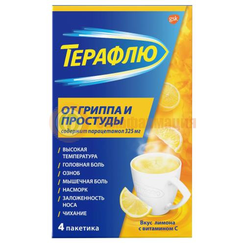Терафлю от гриппа и простуды порошок для приготовления раствора для приема внутрь 22,1 №4 лимон Терафлю от гриппа и простуды порошок для приготовления раствора для приема внутрь 22,1 №4 лимон