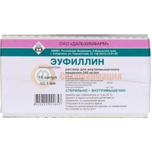 Эуфиллин раствор для внутривенного введения 24мг/мл 1мл №10 Эуфиллин раствор для внутривенного введения 24мг/мл 1мл №10